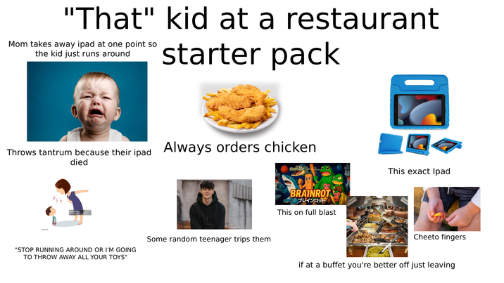 "That" kid at a restaurant Mom takes away ipad at one point so the kid just runs around starter pack Throws tantrum because their ipad Always orders chicken died 444 gettyimages "STOP RUNNING AROUND OR I'M GOING TO THROW AWAY ALL YOUR TOYS" Some random teenager trips them BRAINROT ブレインロット This on full blast This exact Ipad Cheeto fingers if at a buffet you're better off just leaving