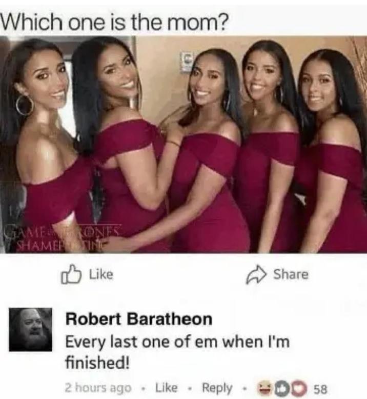 Which one is the mom? GAMERONES SHAMEP TING Like Robert Baratheon Share Every last one of em when I'm finished! 2 hours ago Like Reply 58