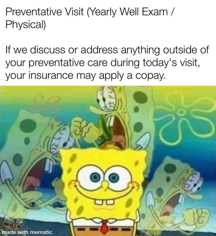 Preventative Visit (Yearly Well Exam / Physical) If we discuss or address anything outside of your preventative care during today's visit, your insurance may apply a copay. made with mematic B