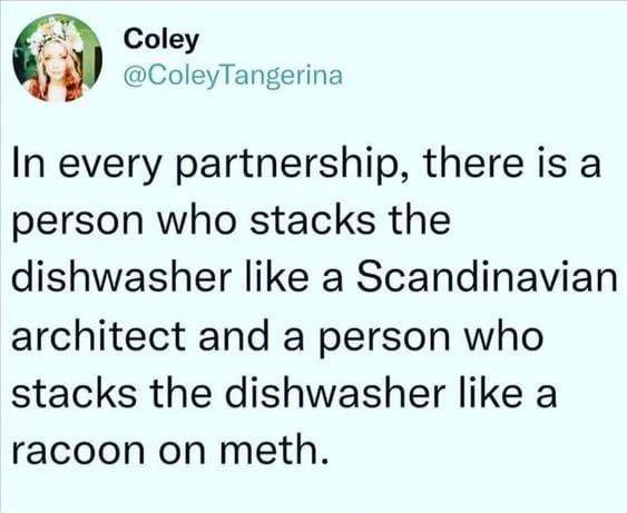 Coley @ColeyTangerina In every partnership, there is a person who stacks the dishwasher like a Scandinavian architect and a person who stacks the dishwasher like a racoon on meth.