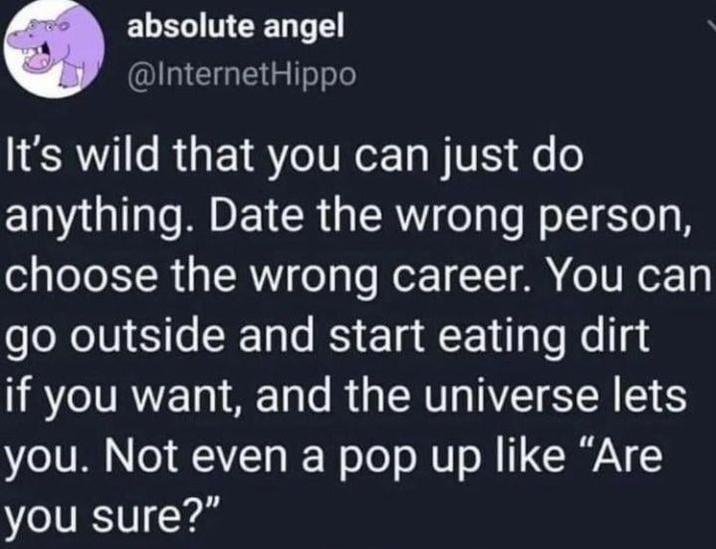 absolute angel @InternetHippo It's wild that you can just do anything. Date the wrong person, choose the wrong career. You can go outside and start eating dirt if you want, and the universe lets you. Not even a pop up like "Are you sure?"