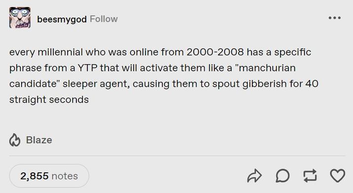 beesmygod Follow every millennial who was online from 2000-2008 has a specific phrase from a YTP that will activate them like a "manchurian candidate" sleeper agent, causing them to spout gibberish for 40 straight seconds Blaze 2,855 notes D D
