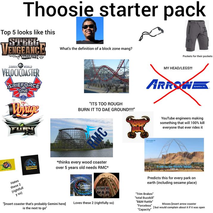 Thoosie starter pack Top 5 looks like this STEEL ENGEANCE CEDAR POINT JURASSIC WORLD VELOCICOASTER ARIEFORCE ONE What's the definition of a block zone mang? Pockets for their pockets MY HEAD/LEGS!!! ARROW dynamics inc. The Voyage "ITS TOO ROUGH BURN IT TO DAE GROUND!!!!" 325 MC THEME PARK BRANDON *thinks every wood coaster over 5 years old needs RMC* Hates these 2 (rightfull y so) "[insert coaster that's probably Gemini here] is the next to go" Canobie Coaster ETR Loves these 2 (rightfully so) BULL INTAMIN Exa Coaster YouTube engineers making something that will 100% kill everyone that ever rides it It will be the World's Tallest 195 m Predicts this for every park on earth (including sesame place) "Trim Brakes" "total Buzzkill" "B&M Rattle" "Forceless" "Capacity" Misses [insert arrow coaster ] but would complain about it if it was open