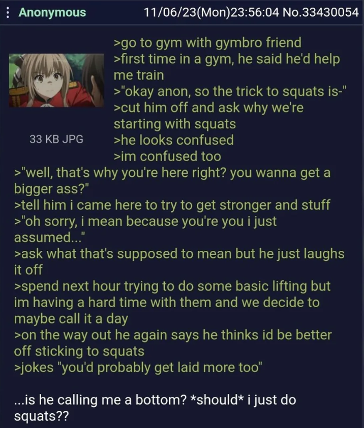 Anonymous 33 KB JPG 11/06/23(Mon)23:56:04 No.33430054 >go to gym with gymbro friend >first time in a gym, he said he'd help me train >"okay anon, so the trick to squats is-" >cut him off and ask why we're starting with squats >he looks confused >im confused too >"well, that's why you're here right? you wanna get a bigger ass?" >tell him i came here to try to get stronger and stuff >"oh sorry, i mean because you're you i just assumed..." >ask what that's supposed to mean but he just laughs it off >spend next hour trying to do some basic lifting but im having a hard time with them and we decide to maybe call it a day >on the way out he again says he thinks id be better off sticking to squats >jokes "you'd probably get laid more too" ...is he calling me a bottom? *should* i just do squats??