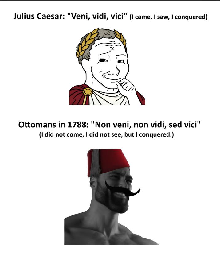 Julius Caesar: "Veni, vidi, vici" (I came, I saw, I conquered) Ottomans in 1788: "Non veni, non vidi, sed vici" (I did not come, I did not see, but I conquered.)