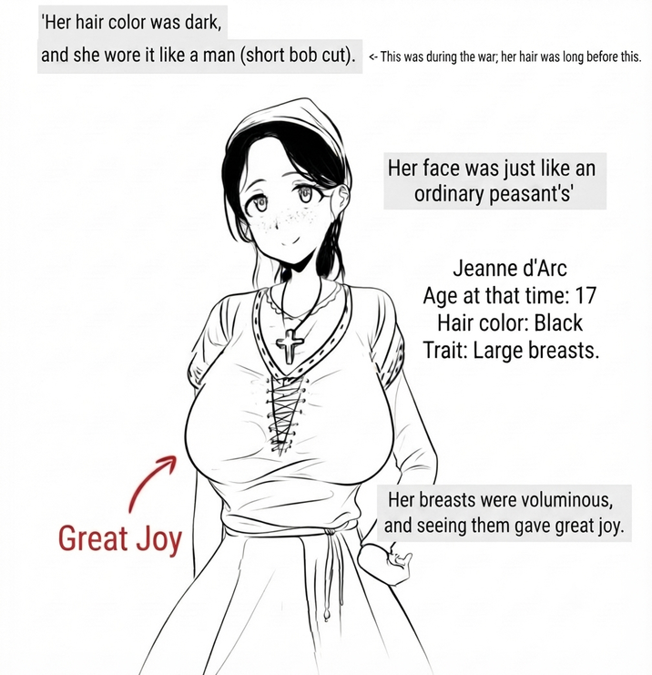 'Her hair color was dark, and she wore it like a man (short bob cut). <- This was during the war; her hair was long before this. Her face was just like an ordinary peasant's' Jeanne d'Arc Age at that time: 17 Hair color: Black Trait: Large breasts. Her breasts were voluminous, and seeing them gave great joy. Great Joy