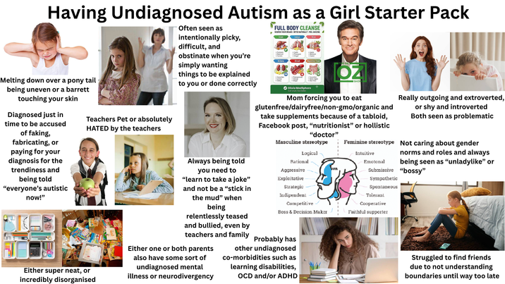 Having Undiagnosed Autism as a Girl Starter Pack Often seen as intentionally picky, difficult, and obstinate when you're simply wanting things to be explained to you or done correctly FULL BODY CLEANSE NOURISH YOUR ORGANS DETOX NATURALLY FEEL AMAZING Beetroot Kidney Lungs Carlo Pineapple •Apple Digestive Tract E DR. .Cucumber .Lemon Celery Pomegranate Orange Ginger Green Apple Aloe Vera OZ ISHOV Melting down over a pony tail being uneven or a barrett touching your skin Diagnosed just in time to be accused of faking, fabricating, or paying for your diagnosis for the trendiness and being told "everyone's autistic now!" Teachers Pet or absolutely HATED by the teachers Either super neat, or incredibly disorganised you need to Olivia MedSphere Eat Smart, Feel Better Mom forcing you to eat glutenfree/dairyfree/non-gmo/organic and take supplements because of a tabloid, Facebook post, "nutritionist” or hollistic "doctor" Masculine stereotype Logical Always being told Rational Aggressive Exploitative Strategic "learn to take a joke" and not be a "stick in the mud" when being relentlessly teased and bullied, even by teachers and family Either one or both parents also have some sort of undiagnosed mental illness or neurodivergency Indipendent Competitive Boss & Decision Maker Probably has other undiagnosed co-morbidities such as learning disabilities, OCD and/or ADHD Really outgoing and extroverted, or shy and introverted Both seen as problematic Feminine stereotype Not caring about gender norms and roles and always Intuitive Emotonal being seen as "unladylike" or Submissive "bossy" Sympathetic Spontaneous Tolerant Cooperative Faithful supporter Struggled to find friends due to not understanding boundaries until way too late