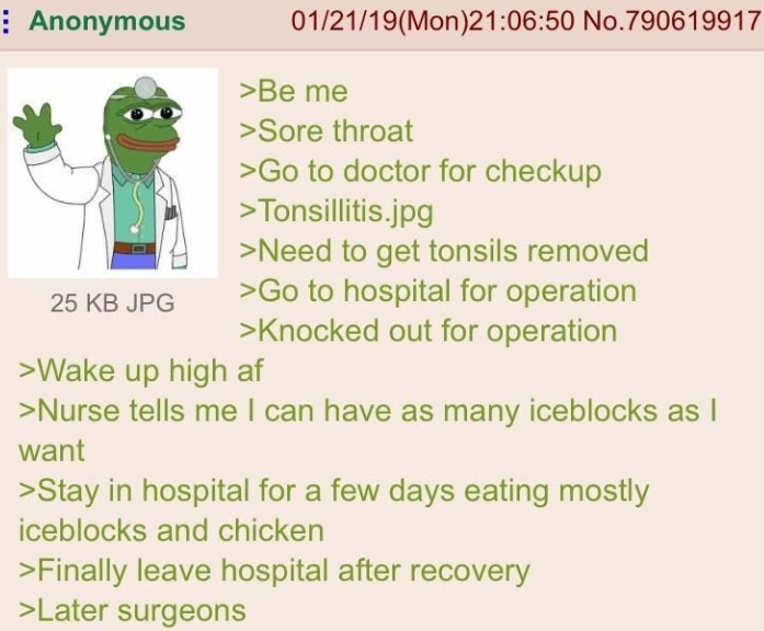 Anonymous 25 KB JPG 01/21/19(Mon)21:06:50 No.790619917 >Be me >Sore throat >Go to doctor for checkup >Tonsillitis.jpg >Need to get tonsils removed >Go to hospital for operation >Knocked out for operation >Wake up high af >Nurse tells me I can have as many iceblocks as I want >Stay in hospital for a few days eating mostly iceblocks and chicken >Finally leave hospital after recovery >Later surgeons