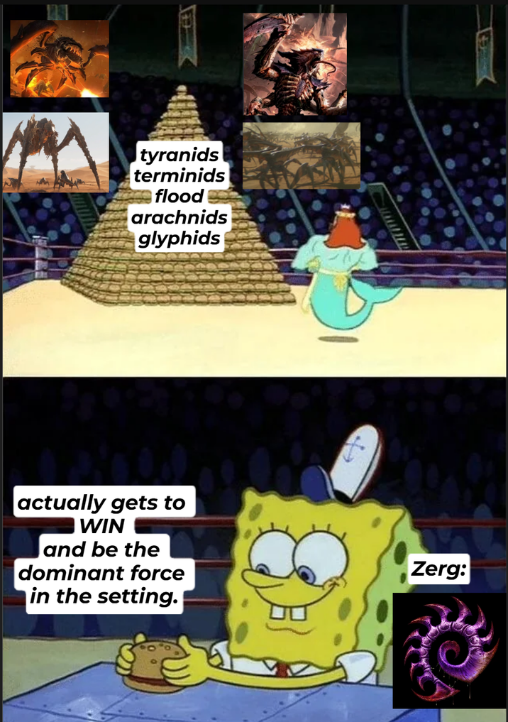 tyranids terminids flood arachnids glyphids actually gets to WIN and be the dominant force in the setting. Zerg:
