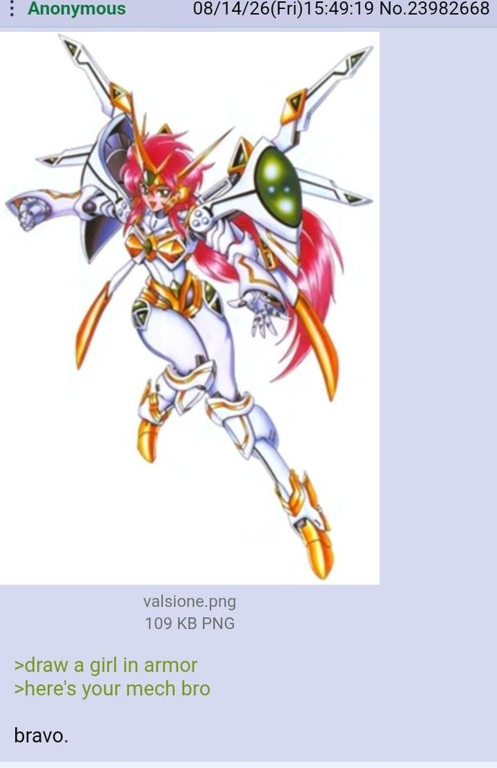 : Anonymous 08/14/26(Fri)15:49:19 No.23982668 valsione.png 109 KB PNG >draw a girl in armor >here's your mech bro bravo.