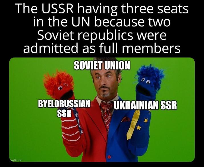 The USSR having three seats in the UN because two Soviet republics were admitted as full members SOVIET UNION mgflip.com BYELORUSSIAN UKRAINIAN SSR SSR