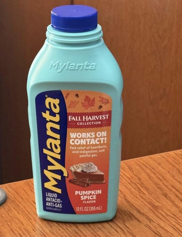 Mylanta Mylanta FALL HARVEST COLLECTION WORKS ON CONTACT! Fast relief of heartburn, acid indigestion, and painful gas. LIQUID ANTACID+ ANTI-GAS 820PS12MYLLF PUMPKIN SPICE FLAVOR 12 FL OZ (355 mL)