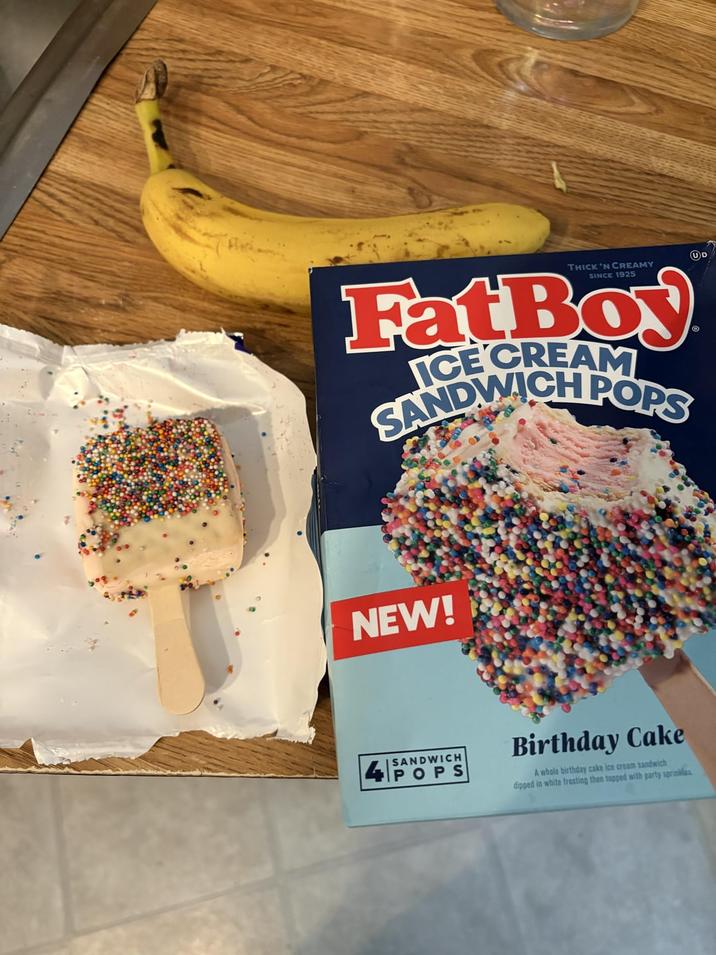 THICK 'N CREAMY SINCE 1925 FatBoy SANDWICH POPS ICE CREAM UD NEW! SANDWICH 4POPS Birthday Cake A whole birthday cake ice cream sandwich dipped in white fresting then topped with party sprinklas