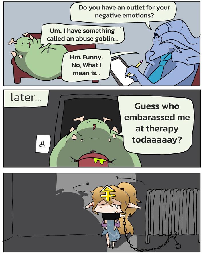 later... Do you have an outlet for your negative emotions? Um.. I have something called an abuse goblin... Hm. Funny. No, What I mean is... Д Guess who embarassed me at therapy todaaaaay?