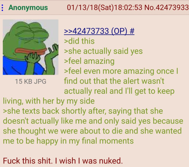 Anonymous 15 KB JPG 01/13/18 (Sat) 18:02:53 No.42473933 >>42473733 (OP) # >did this >she actually said yes >feel amazing >feel even more amazing once | find out that the alert wasn't actually real and I'll get to keep living, with her by my side >she texts back shortly after, saying that she doesn't actually like me and only said yes because she thought we were about to die and she wanted me to be happy in my final moments F--- this s---. I wish I was nuked.