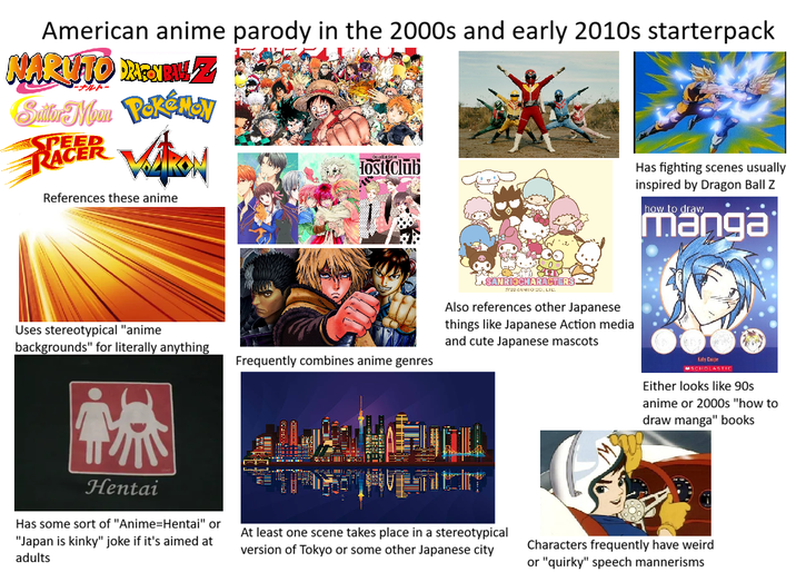 American anime parody in the 2000s and early 2010s starterpack NARUTO DRAGS BAN. ZZ ナルト Sulfor Moon Pokémoy PACER VARCH lost Club References these anime Uses stereotypical "anime backgrounds" for literally anything Frequently combines anime genres SANRIOCHARACTERS #222ANITO DO, LIL Also references other Japanese things like Japanese Action media and cute Japanese mascots Has fighting scenes usually inspired by Dragon Ball Z how to draw manga Katy Cage SCHOLASTIC Either looks like 90s anime or 2000s "how to draw manga" books Hentai Has some sort of "Anime=Hentai" or "Japan is kinky" joke if it's aimed at adults At least one scene takes place in a stereotypical version of Tokyo or some other Japanese city Characters frequently have weird or "quirky" speech mannerisms