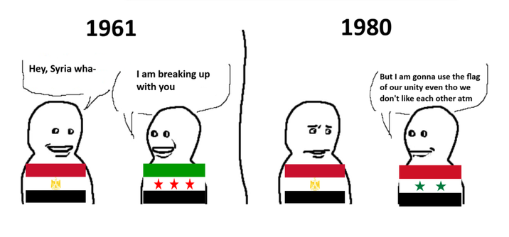 1961 1980 Hey, Syria wha- I am breaking up with you But I am gonna use the flag of our unity even tho we don't like each other atm 川
