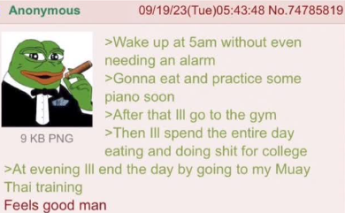 Anonymous 9 KB PNG 09/19/23(Tue)05:43:48 No.74785819 >Wake up at 5am without even needing an alarm >Gonna eat and practice some piano soon >After that Ill go to the gym >Then Ill spend the entire day eating and doing s--- for college >At evening Ill end the day by going to my Muay Thai training Feels good man