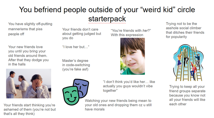 You befriend people outside of your "weird kid" circle You have slightly off-putting mannerisms that piss people off Your new friends love you until you bring your old friends around them. After that they dodge you in the halls Your friends start thinking you're ashamed of them (you're not but that's all they think) starterpack Your friends don't care about getting judged but you do "I love her but..." Master's degree in code-switching (you're fake asf) "You're friends with her?" With this expression "I don't think you'd like her... like actually you guys wouldn't vibe together" Watching your new friends being mean to your old ones and dropping them cz u still have morals Trying not to be the a------ social climber that ditches their friends for popularity Trying to keep all your friend groups separate because you know not all your friends will like each other