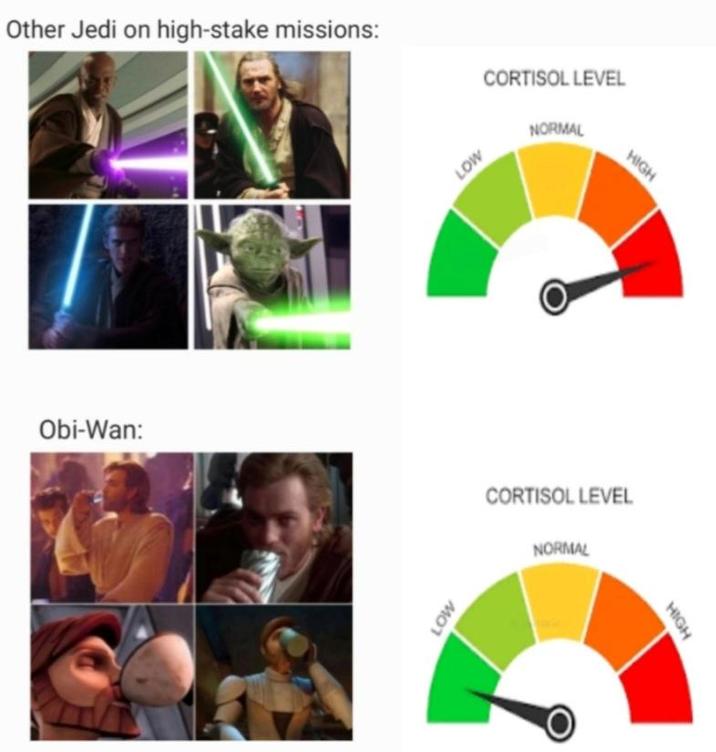 Other Jedi on high-stake missions: CORTISOL LEVEL NORMAL Obi-Wan: LOW LOW HIGH CORTISOL LEVEL NORMAL HIGH