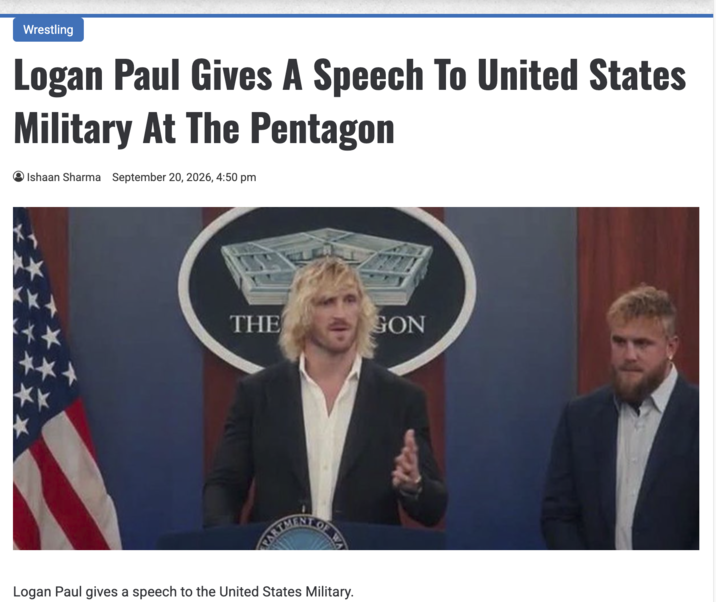 Wrestling Logan Paul Gives A Speech To United States Military At The Pentagon Ishaan Sharma September 20, 2026, 4:50 pm THE FARTMENT OF Logan Paul gives a speech to the United States Military. GON