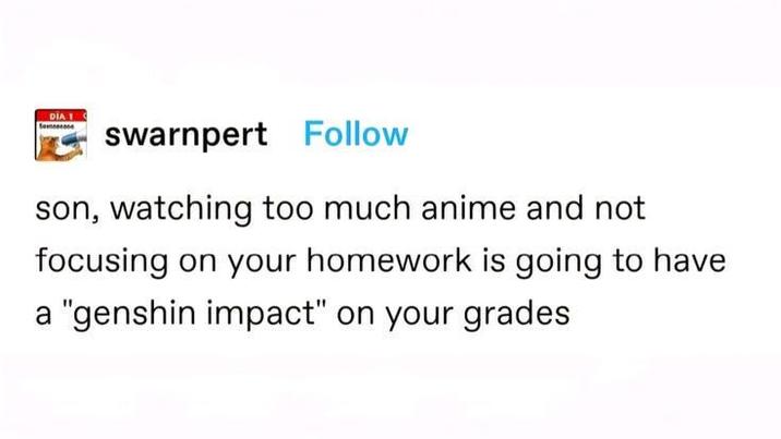 DIA 1 swarnpert Follow son, watching too much anime and not focusing on your homework is going to have a "genshin impact" on your grades