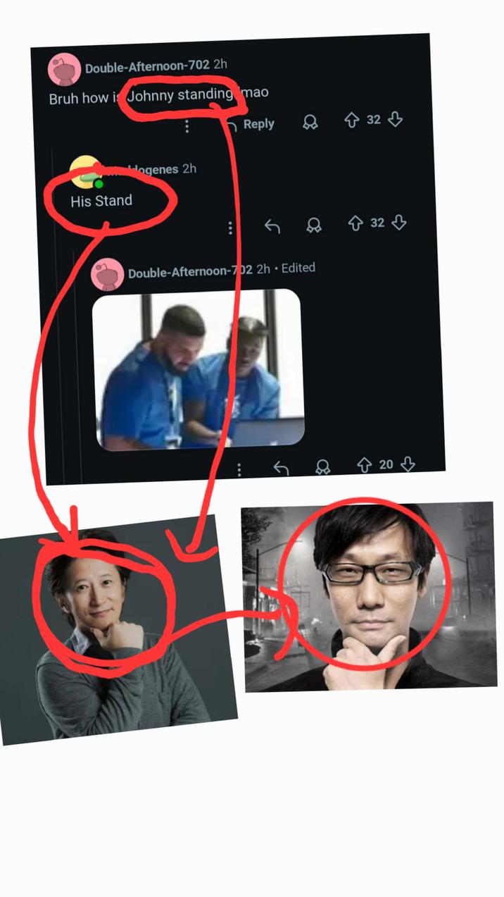 Double-Afternoon-702 2h Bruh how is Johnny standing mao Reply + 32 ♡ ''ogenes 2h His Stand Double-Afternoon-7 02 2h • Edited + 32 + 20