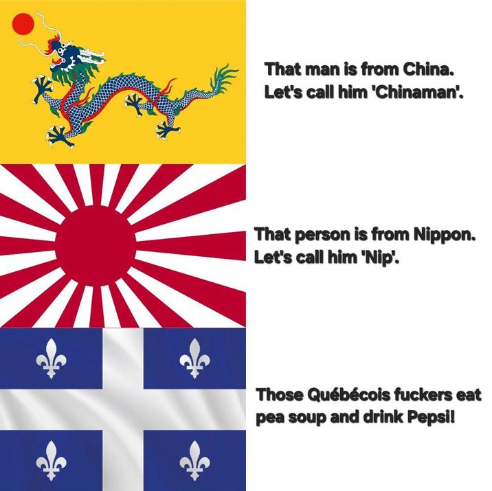 That man is from China. Let's call him 'Chinaman'. That person is from Nippon. Let's call him 'Nip'. Those Québécois f------ eat pea soup and drink Pepsi!