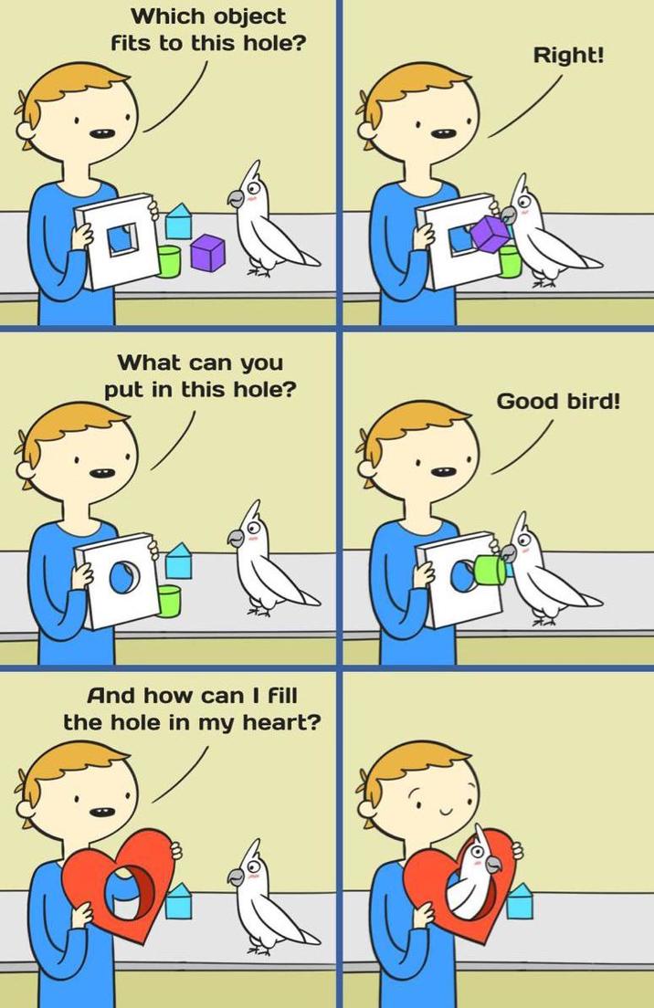 Which object Fits to this hole? Right! What can you put in this hole? Good bird! And how can I fill the hole in my heart?