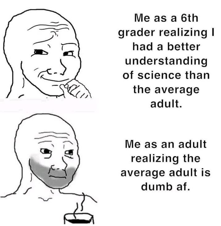 B 187) Me as a 6th grader realizing I had a better understanding of science than the average adult. Me as an adult realizing the average adult is dumb af.