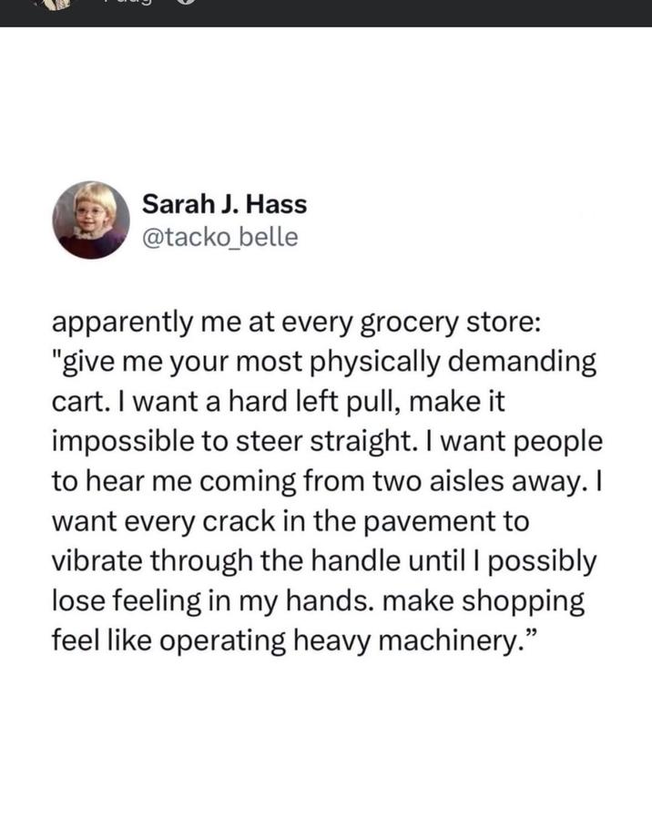 Sarah J. Hass @tacko_belle apparently me at every grocery store: "give me your most physically demanding cart. I want a hard left pull, make it impossible to steer straight. I want people to hear me coming from two aisles away. I want every crack in the pavement to vibrate through the handle until I possibly lose feeling in my hands. make shopping feel like operating heavy machinery."