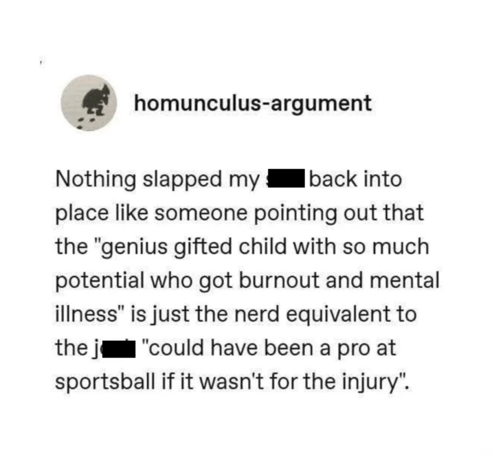 homunculus-argument Nothing slapped my back into place like someone pointing out that the "genius gifted child with so much potential who got burnout and mental illness" is just the nerd equivalent to the j "could have been a pro at sportsball if it wasn't for the injury".