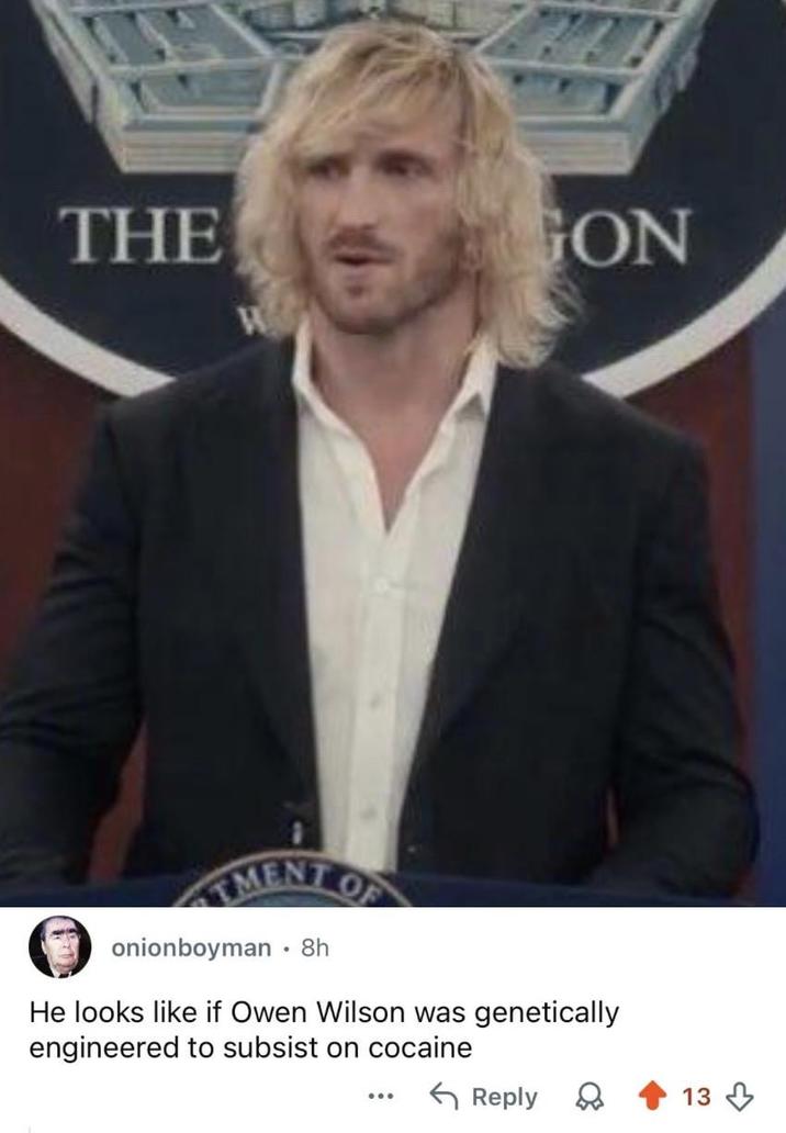 THE GON EMENT OF onionboyman • 8h He looks like if Owen Wilson was genetically engineered to subsist on cocaine Reply 13
