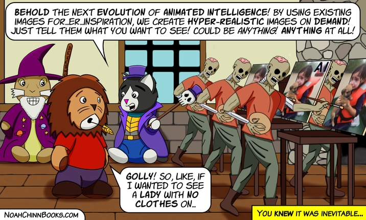 BEHOLD THE NEXT EVOLUTION OF ANIMATED INTELLIGENCE! BY USING EXISTING IMAGES FOR...ER....INSPIRATION, WE CREATE HYPER-REALISTIC IMAGES ON DEMAND! JUST TELL THEM WHAT YOU WANT TO SEE! COULD BE ANYTHING! ANYTHING AT ALL! Al WWW NOAHCHINNBOOKS.COM GOLLY! SO, LIKE, IF I WANTED TO SEE A LADY WITH NO CLOTHES ON... YOU KNEW IT WAS INEVITABLE...