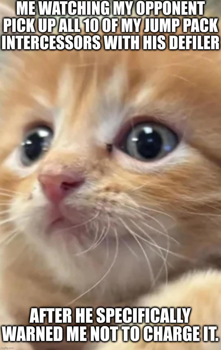 ME WATCHING MY OPPONENT PICK UP ALL 10 OF MY JUMP PACK INTERCESSORS WITH HIS DEFILER AFTER HE SPECIFICALLY WARNED ME NOT TO CHARGE IT. Imgflip.com
