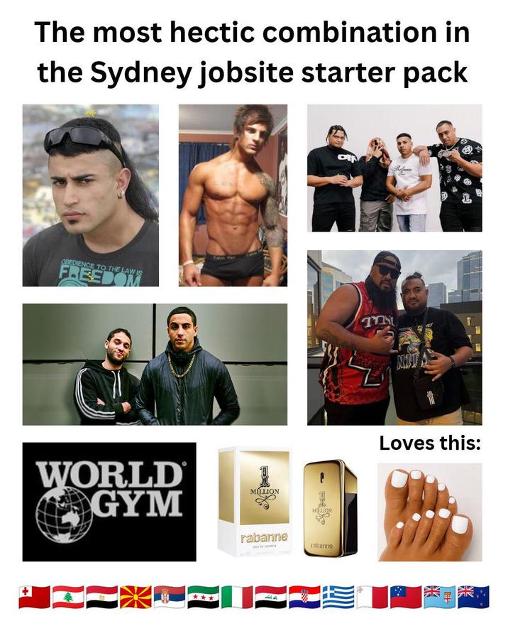 The most hectic combination in the Sydney jobsite starter pack OBEDIENCE TO THE LAW IS FREEDOM WORLD® GYM MILLION rabanne e EAU DE TORETTE MILLION rabanne מד NITA Loves this: 米