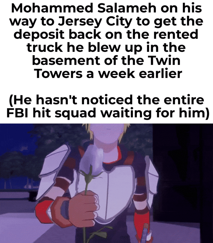 Mohammed Salameh on his way to Jersey City to get the deposit back on the rented truck he blew up in the basement of the Twin Towers a week earlier (He hasn't noticed the entire FBI hit squad waiting for him)
