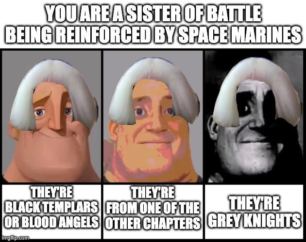 YOU ARE A SISTER OF BATTLE BEING REINFORCED BY SPACE MARINES THEY'RE THEY'RE BLACK TEMPLARS FROM ONE OF THE THEY'RE OR BLOOD ANGELS OTHER CHAPTERS GREY KNIGHTS imgflip.com