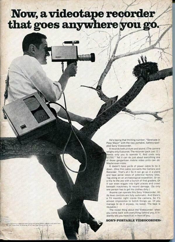 Now, a videotape recorder that goes anywhere you go. He's taping that thrilling number, "Serenade in Peep Major with the new portable, battery-oper- ated Sony Videocorder. It records both picture and sound. (The camera weighs only 6 pounds. The recorder pack just 12.) Needs only you to operate it. And costs only $1250. Yet it can do just about everything one of those gargantuan mobile video units can do. Maybe even more. It doesn't have yards of power cable to tie it down. (One thin cable connects the Camera and Recorder. That's all.) So it can go up in a plane and tape aerial views of potential factory sites Tag along on an archaeological expedition. Or on a trip to the zoo with a bunch of first graders. Or it can even wiggle into tight places and crawl beneath machinery to record damage. (So only one person has to get his clothes dirty.) Anyone can operate this Sony Videocorder. All its level controls are fully automatic. And there's a TV monitor right inside the camera. So it's almost impossible to botch things up. (If you manage to do it anyway, no sweat. The tape is reusable.) The nicest thing about the Videocorder: when you come back with everything behind you, it in- stantly lets you have it all in front of you. SONY PORTABLE VIDEOCORDER