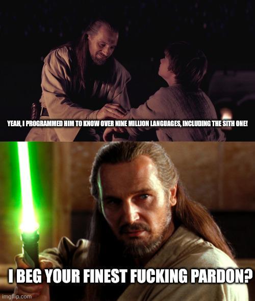 YEAH, I PROGRAMMED HIM TO KNOW OVER NINE MILLION LANGUAGES, INCLUDING THE SITH ONE! I BEG YOUR FINEST F------ PARDON? imgflip.com