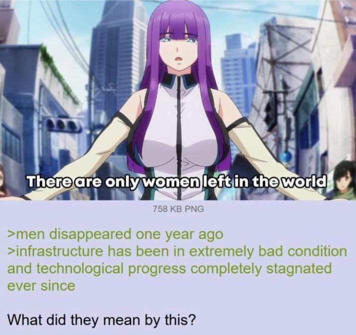 There are only women left in the world 758 KB PNG >men disappeared one year ago >infrastructure has been in extremely bad condition and technological progress completely stagnated ever since What did they mean by this?