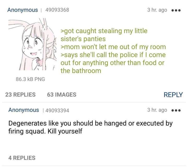 Anonymous | 49093368 86.3 KB PNG 3 hr. ago ●●● >got caught stealing my little sister's panties >mom won't let me out of my room >says she'll call the police if I come out for anything other than food or the bathroom 23 REPLIES 63 IMAGES REPLY 3 hr. ago Anonymous 49093394 Degenerates like you should be hanged or executed by firing squad. Kill yourself 4 REPLIES