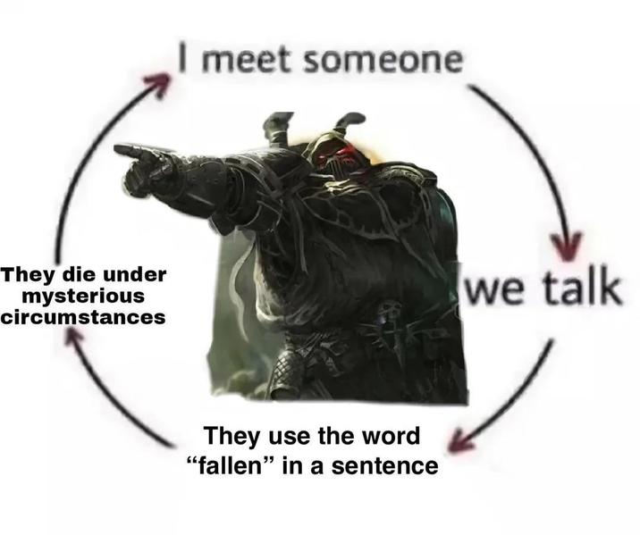 They die under mysterious circumstances I meet someone They use the word "fallen" in a sentence we talk