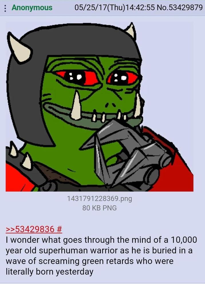 : Anonymous 05/25/17(Thu)14:42:55 No.53429879 1431791228369.png 80 KB PNG >>53429836 # I wonder what goes through the mind of a 10,000 year old superhuman warrior as he is buried in a wave of screaming green retards who were literally born yesterday