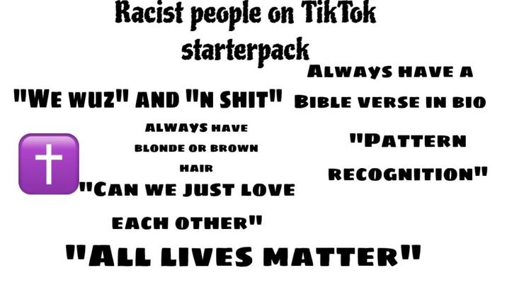 Racist people on TikTok starterpack ALWAYS HAVE A "WE WUZ" AND "N S---" BIBLE VERSE IN BIO ALWAYS HAVE "PATTERN t BLONDE OR BROWN HAIR RECOGNITION" "CAN WE JUST LOVE EACH OTHER" WALL LIVES MATTER"