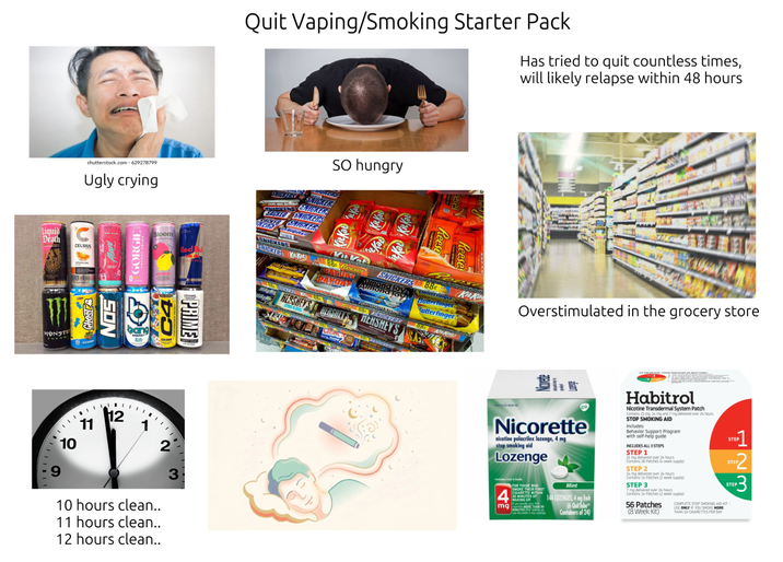 Quit Vaping/Smoking Starter Pack Has tried to quit countless times, will likely relapse within 48 hours shutterstock.com. 629278799 Ugly crying Liquid C Death CELSIUS 377 MONSTE SON Bloom C4 GORGIE bang Red PRIME) SO hungry SAIGKERS SNICKER CHIOVERS SNICKERS SACKED SNICKERS CAIORE SNICKERS SNICKERS (KitKat 88 Reeses SNICKERS APAYDAY Almond loy Reese Reese 88 Querger Butterfinger Butterfinger R 88 SNICKERS 88 KitKatj HERSHEY'S HERSHEY HERSHEY'S KitKa Overstimulated in the grocery store 11 10 12 10 hours clean.. 11 hours clean.. 12 hours clean.. 3 Nicorette nicotine polacrilex lozenge, 4 mg stop smoking aid Lozenge FOR THOSE WHO SMOKE THEIR FIRST C-------- WITHIN Mint 20 MINUTES OF 144 LOZENGES, 4 mg Each mg MORE THAN 30 (6 Quit Tube Containers of 24) Habitrol Nicotine Transdermal System Patch Contains 21 mg, 14 mg and 7 mg delivered over 24 hours STOP SMOKING AID Includes: Behavior Support Program with self-help guide INCLUDES ALL 3 STEPS STEP 1 21 mg delivered over 24 hours Contains 28 Patches (4 week supply) STEP 2 14 mg delivered over 24 hours Contains 14 Patches (2 week supply STEP 3 7 mg delivered over 24 hours Contains 14 Patches (2 week supply) 56 Patches (8 Week Kit) STEP 723 STEP 2 STEP COMPLETE STOP SMOKING AID KIT- USE ONLY IF YOU SMOKE MORE THAN 10 CIGARETTES PER DAY