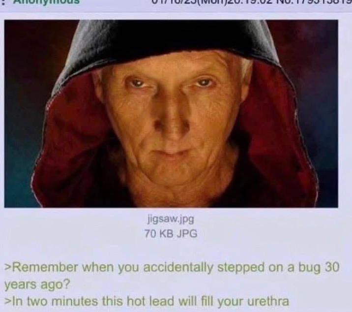 jigsaw.jpg 70 KB JPG >Remember when you accidentally stepped on a bug 30 years ago? >In two minutes this hot lead will fill your urethra