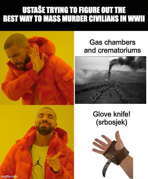 USTAŠE TRYING TO FIGURE OUT THE BEST WAY TO MASS MURDER CIVILIANS IN WWII imgflip.com Gas chambers and crematoriums Glove knife! (srbosjek)