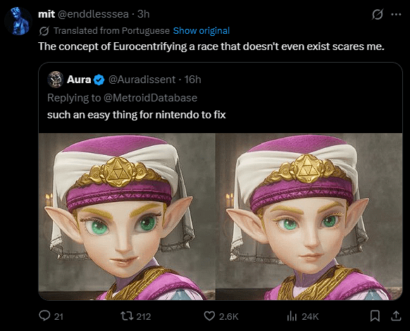 mit @enddlesssea - 3h Translated from Portuguese Show original The concept of Eurocentrifying a race that doesn't even exist scares me. Aura @Auradissent - 16h Replying to @MetroidDatabase such an easy thing for nintendo to fix O 21 212 2.6K ill 24K