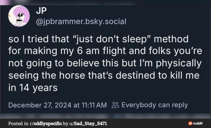 JP @jpbrammer.bsky.social so I tried that "just don't sleep" method for making my 6 am flight and folks you're not going to believe this but I'm physically seeing the horse that's destined to kill me in 14 years December 27, 2024 at 11:11 AM Everybody can reply Posted in r/oddlyspecific by u/Sad_Stay_5471 reddit